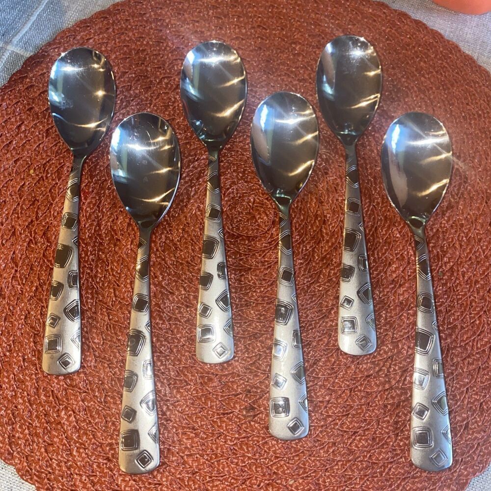 Cambridge Bedrock Sand Flatware Geometric Mod Soup Spoon Lot Set of 6 8" Oval